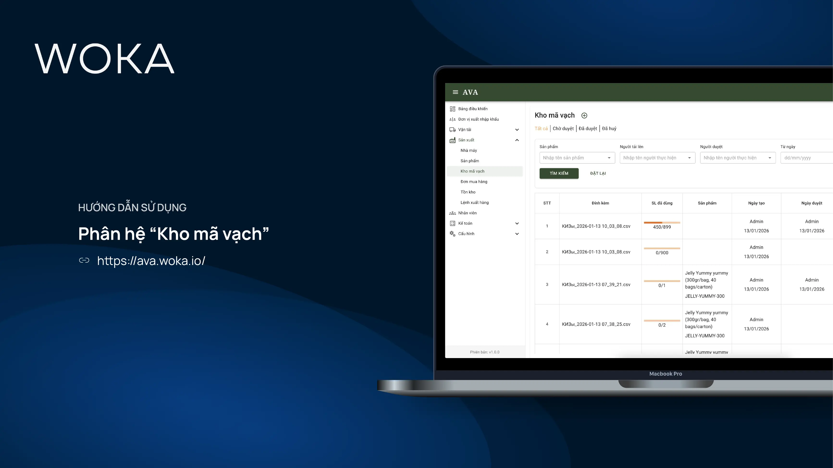 AVA production management and data-matrix warehouse dashboard